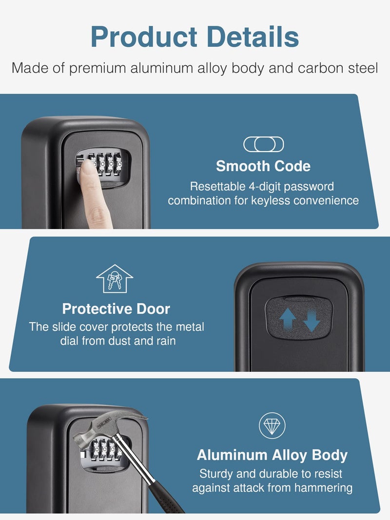 Puroma Security Key Lock Box, 4-Digit Combination Waterproof Safe Storage Lockbox with Code Wall Mount Large Capacity for Outdoor Outside House Dorm Office ID Card (Black) - Image 4